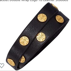 Tory Burch Leather Double Wrap Logo Stud Bracelet